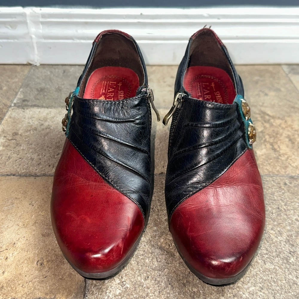 L’Artiste Leather Shoes Size 36 Red Black Zip Detail Artistic Comfort - Picture 2 of 9